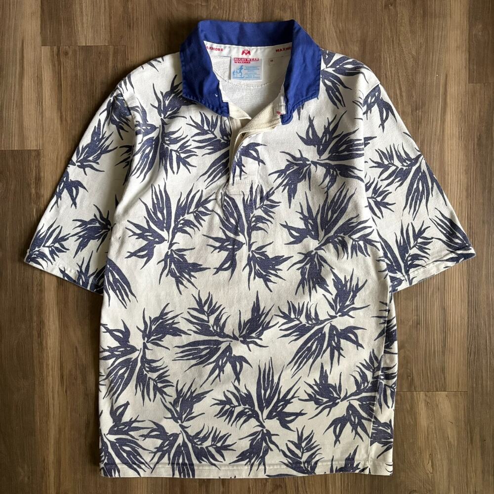 Vintage Maxmore Rugby Polo Shirt Men's Size L Blue Leaves 1990s Heavyweight